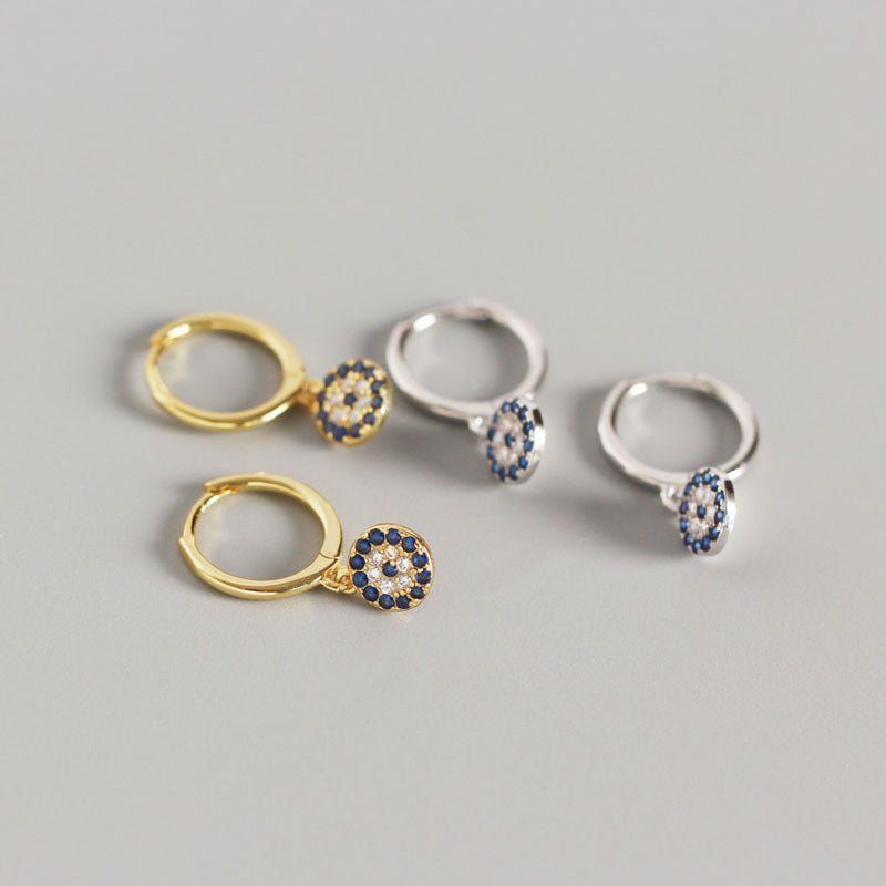ROUND EVIL EYE HUGGIE HOOP EARRINGS