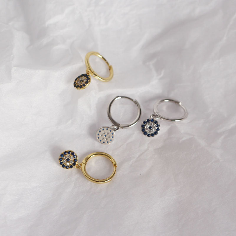 ROUND EVIL EYE HUGGIE HOOP EARRINGS
