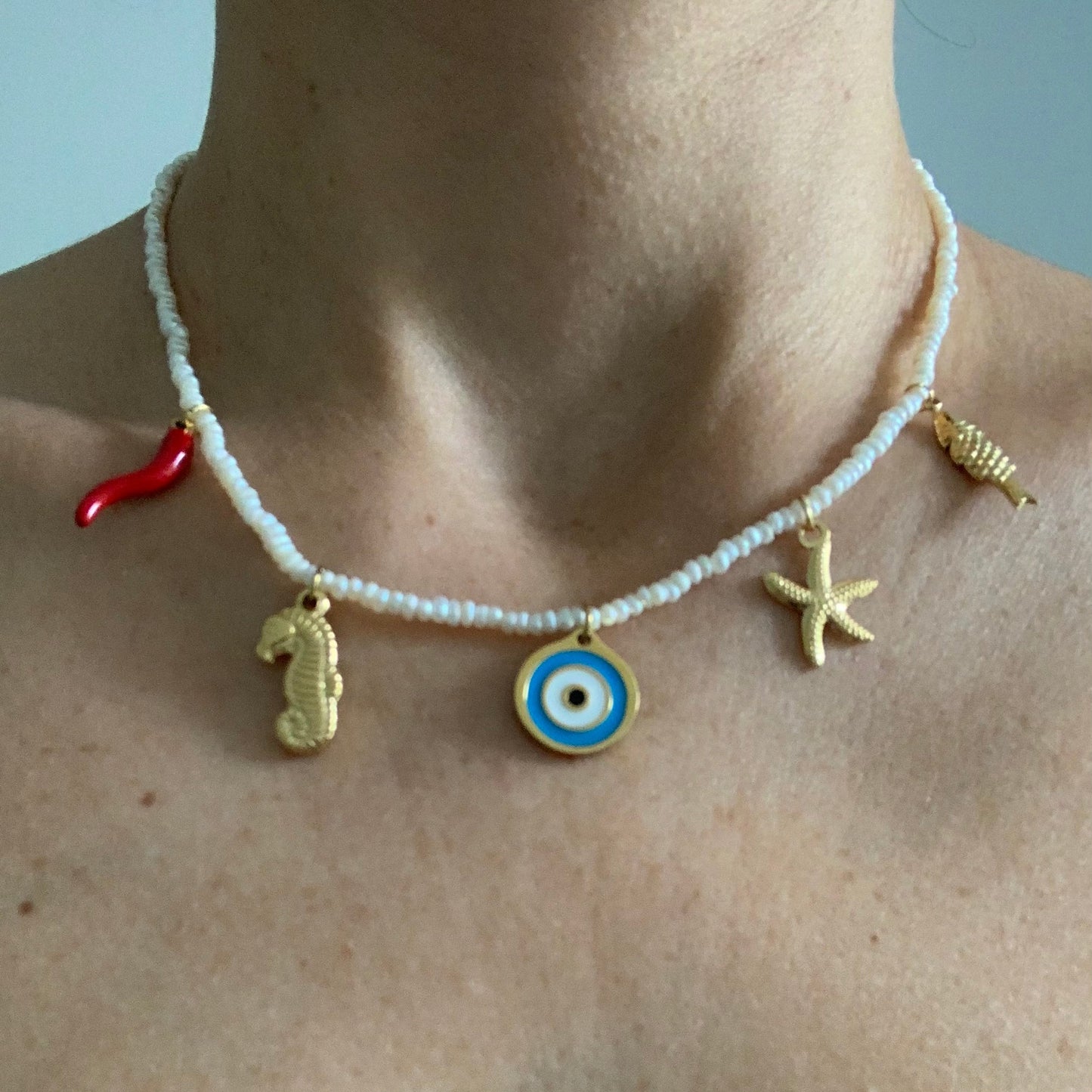PEARL CHARM NECKLACE - EVIL EYE