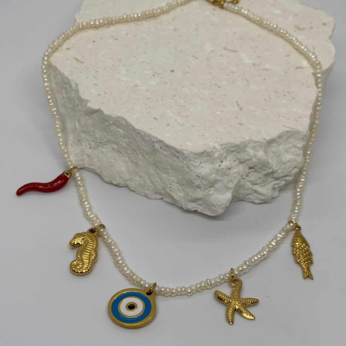 PEARL CHARM NECKLACE - EVIL EYE