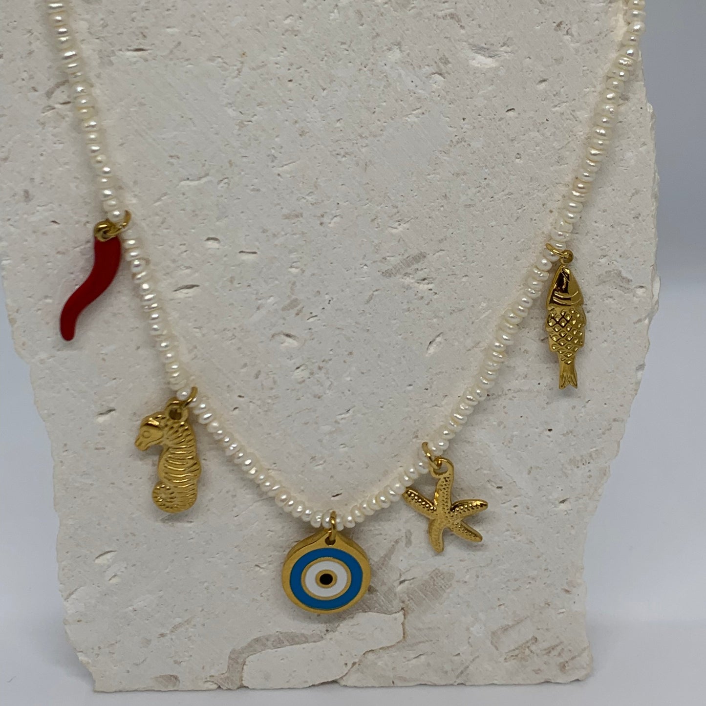 PEARL CHARM NECKLACE - EVIL EYE
