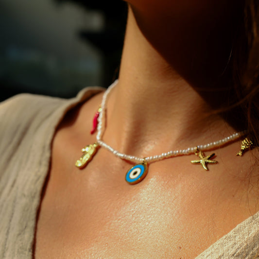 PEARL CHARM NECKLACE - EVIL EYE